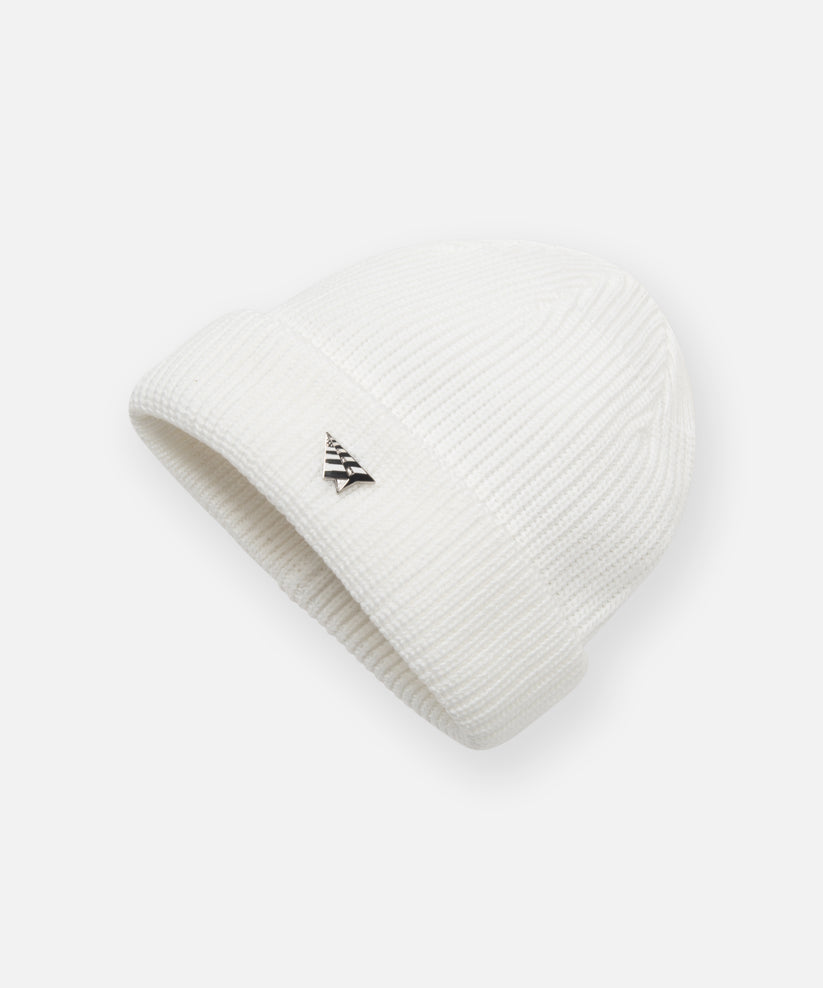 CUSTOM_ALT_TEXT: Angled view of Paper Planes Wharfman Beanie, color White.