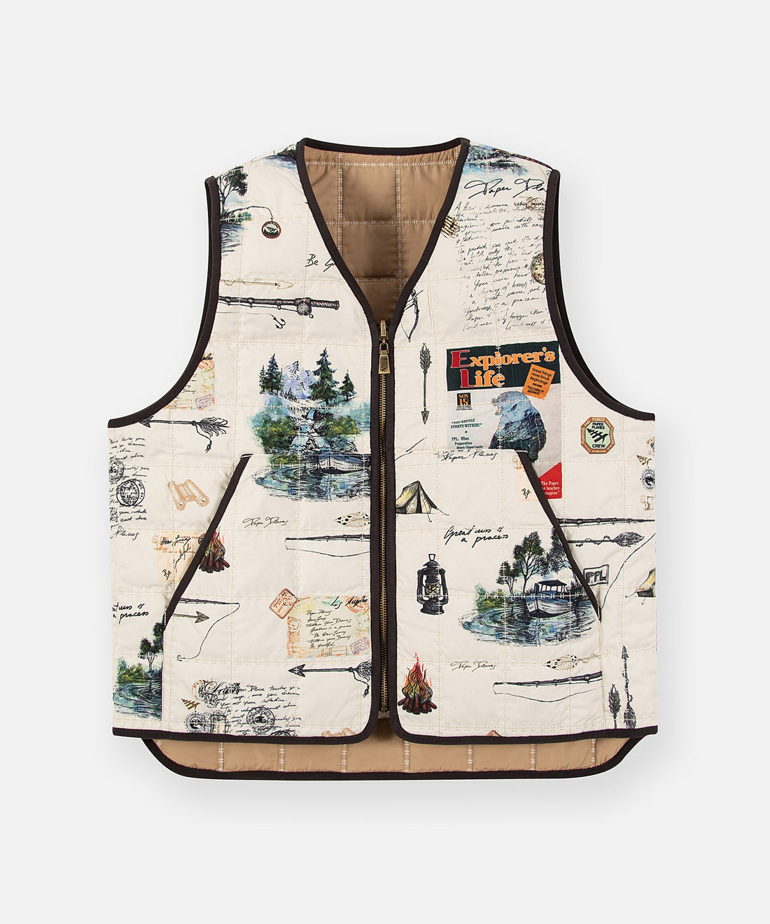 CUSTOM_ALT_TEXT: Printed side of Paper Planes Explorer's Life Reversible Quilted Vest.