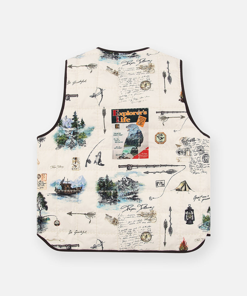 CUSTOM_ALT_TEXT: Back of printed side of Paper Planes Explorer's Life Reversible Quilted Vest.