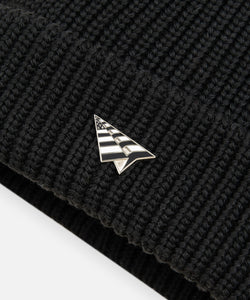 CUSTOM_ALT_TEXT: Plane metal pin on Paper Planes Wharfman Beanie, color Black.