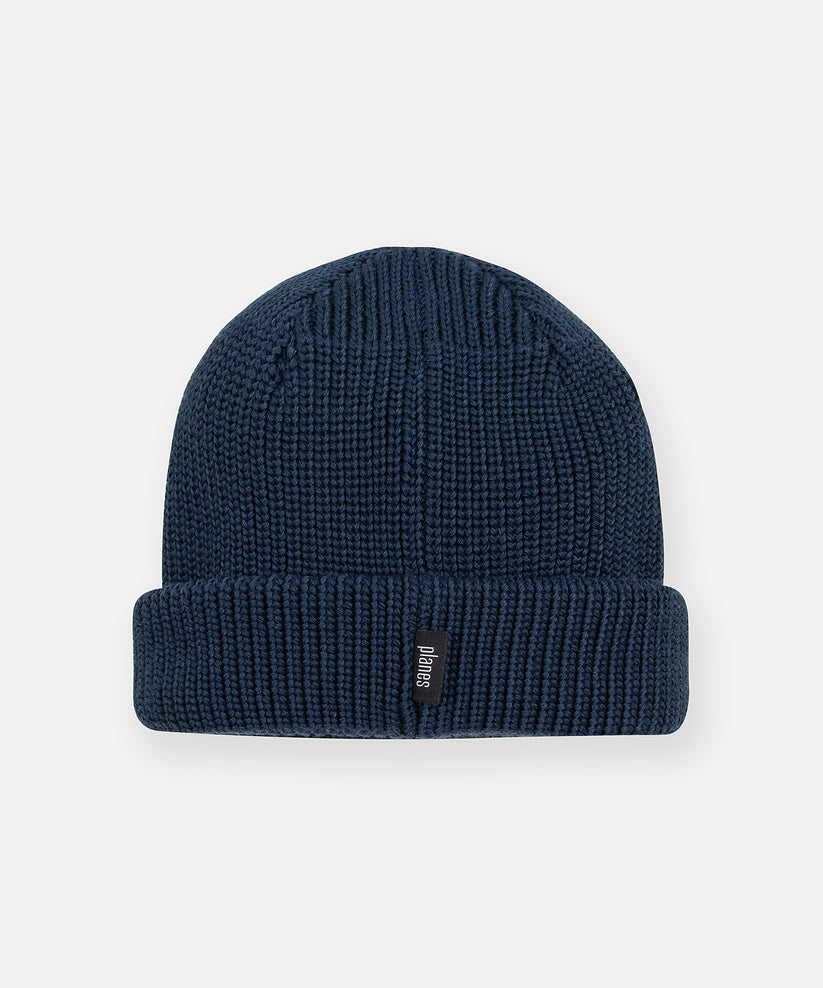 CUSTOM_ALT_TEXT: Back of Paper Planes Wharfman Beanie, color Navy.