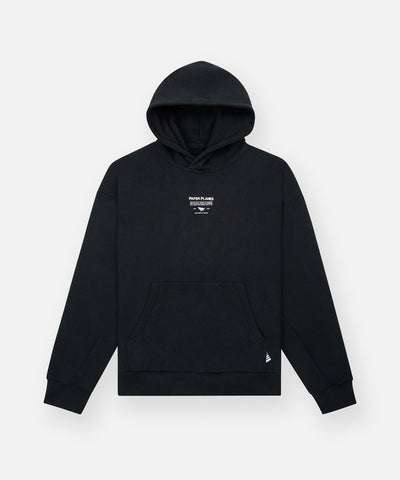 CUSTOM_ALT_TEXT: Paper Planes Mantra Hoodie, color Black.