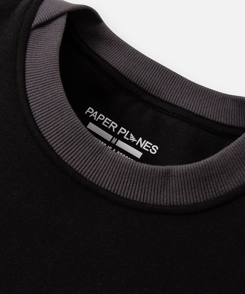 CUSTOM_ALT_TEXT: Overlapping rib collar construction on Paper Planes Dream Lab Sweatshirt, color Black.