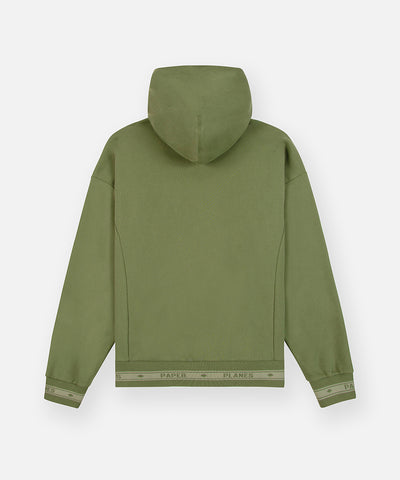 CUSTOM_ALT_TEXT: Back of Paper Planes Logo Jacquard Hoodie, color Bronze Green.