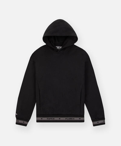 CUSTOM_ALT_TEXT: Paper Planes Logo Jacquard Hoodie, color Black.