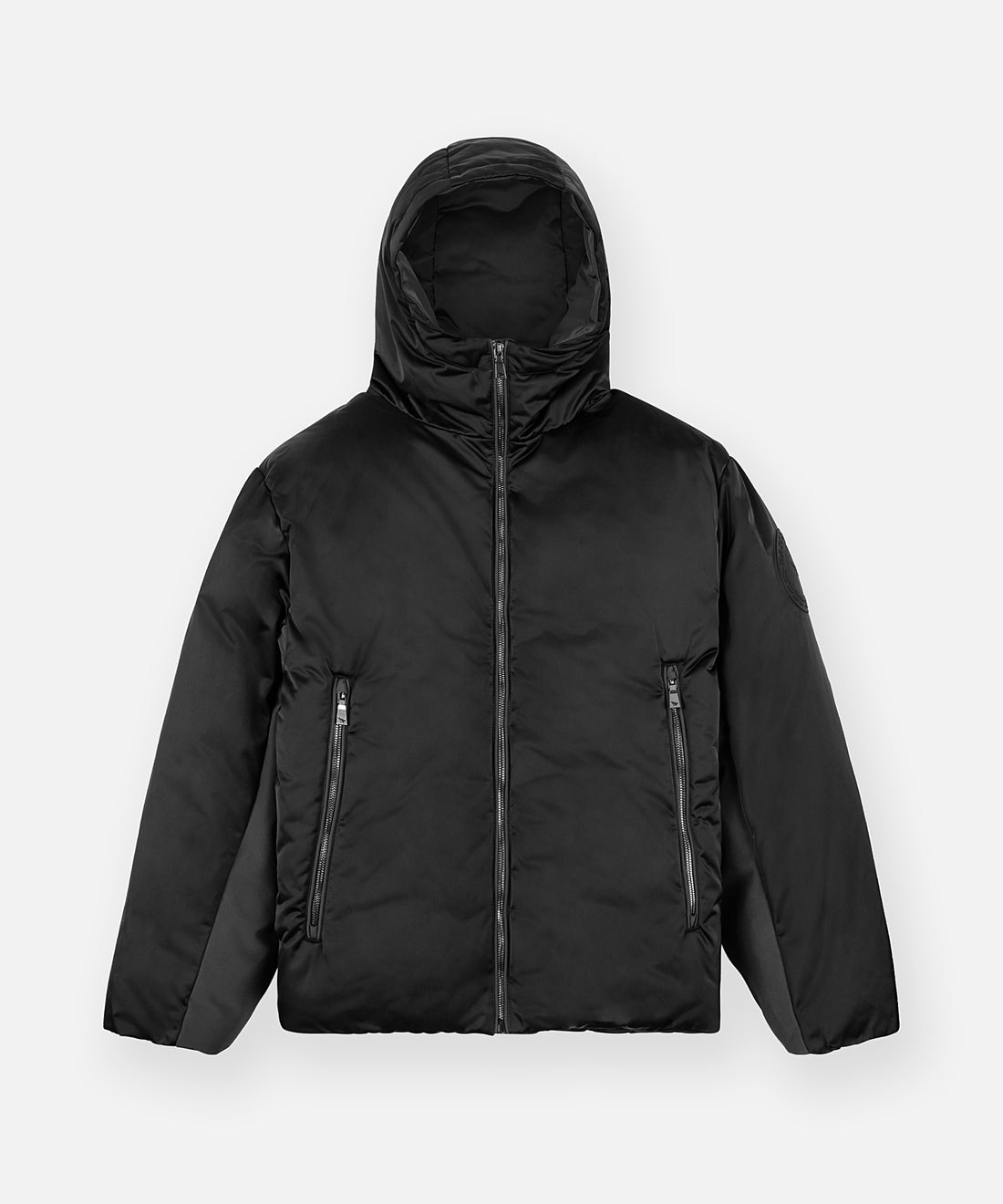 CUSTOM_ALT_TEXT: Paper Planes Puffer Jacket, color Black.