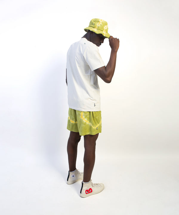 CUSTOM_ALT_TEXT: Back of male model wearing Paper Planes Do or Dye Terry Cloth Short color Olive.