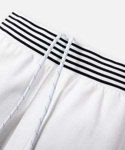 CUSTOM_ALT_TEXT: Striped rib waistband with drawcord on Paper Planes Gusset Short color White.