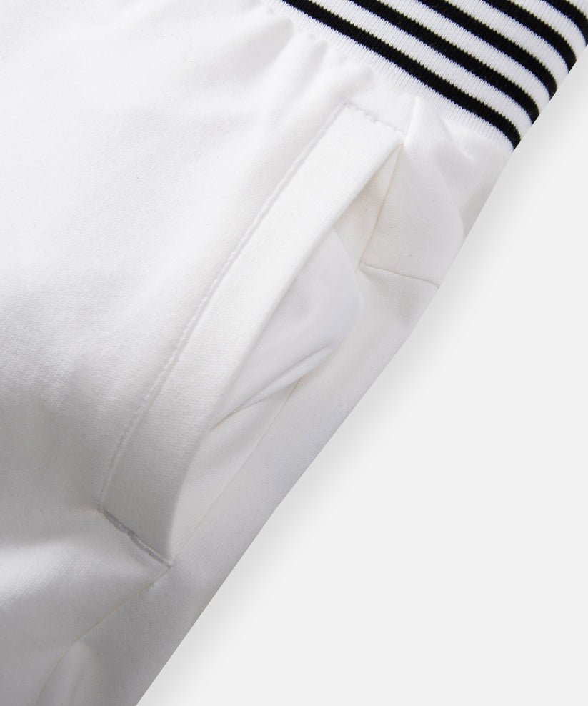 CUSTOM_ALT_TEXT: On-seam front welt pocket on Paper Planes Gusset Short color White.