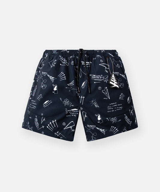 CUSTOM_ALT_TEXT: Paper Planes Sketch Print Swim Trunks color Indigo.