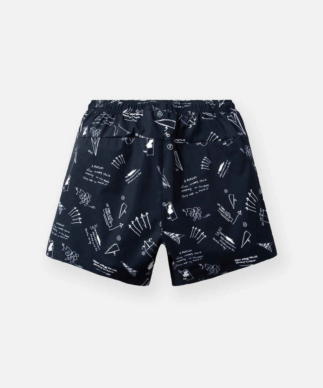 CUSTOM_ALT_TEXT: Back of Paper Planes Sketch Print Swim Trunks color Indigo.