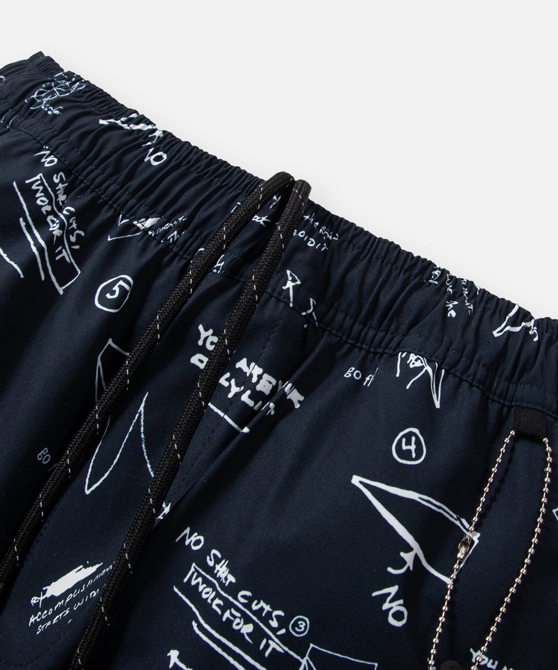 CUSTOM_ALT_TEXT: Drawcord waistband on Paper Planes Sketch Print Swim Trunks color Indigo.