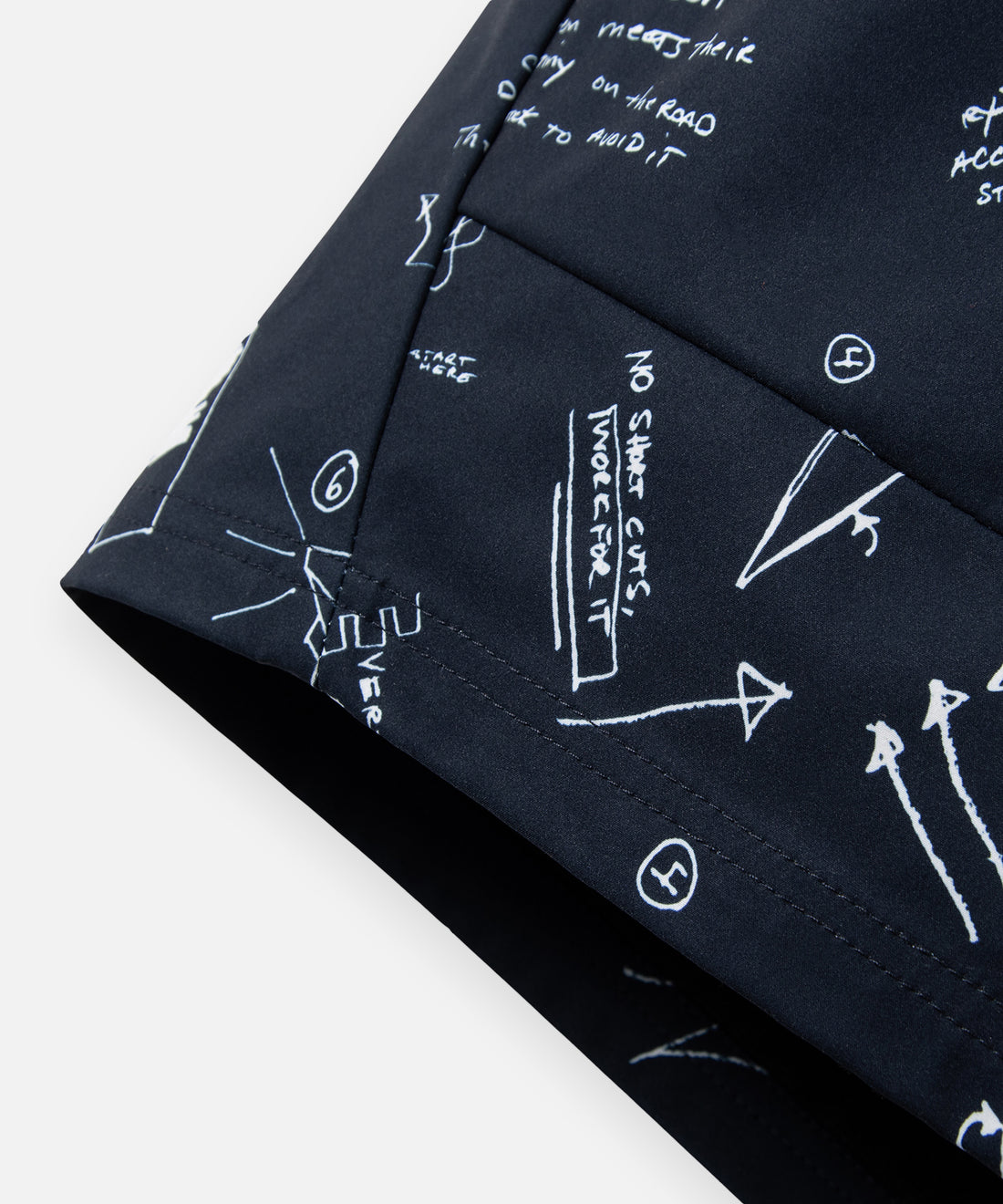 CUSTOM_ALT_TEXT: Hem detail on Paper Planes Sketch Print Swim Trunks color Indigo.