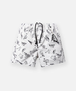 CUSTOM_ALT_TEXT: Paper Planes Sketch Print Swim Trunks color White.