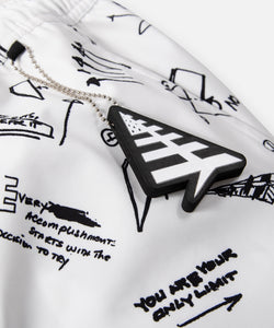 CUSTOM_ALT_TEXT: Plane logo floaty keychain on Paper Planes Sketch Print Swim Trunks color White.