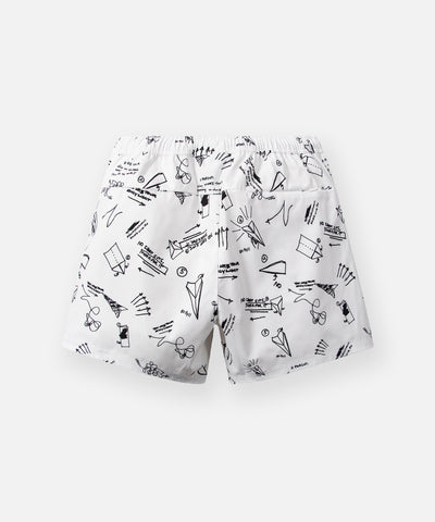 CUSTOM_ALT_TEXT: Back of Paper Planes Sketch Print Swim Trunks color White.