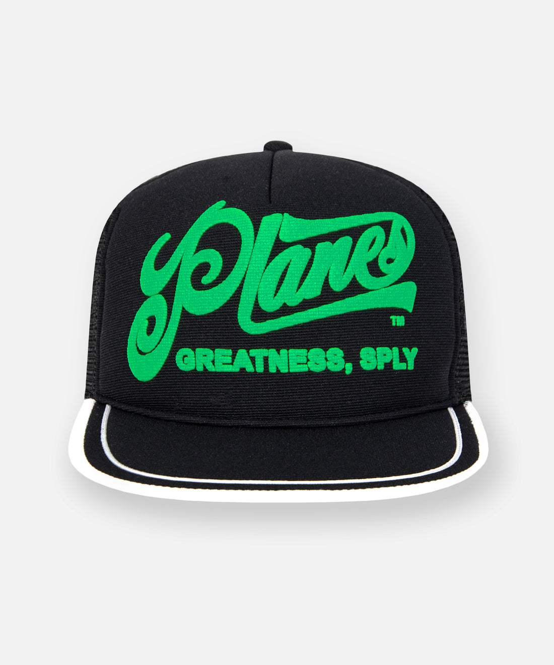 CUSTOM_ALT_TEXT: Planes Greatness Trucker Hat color Black.