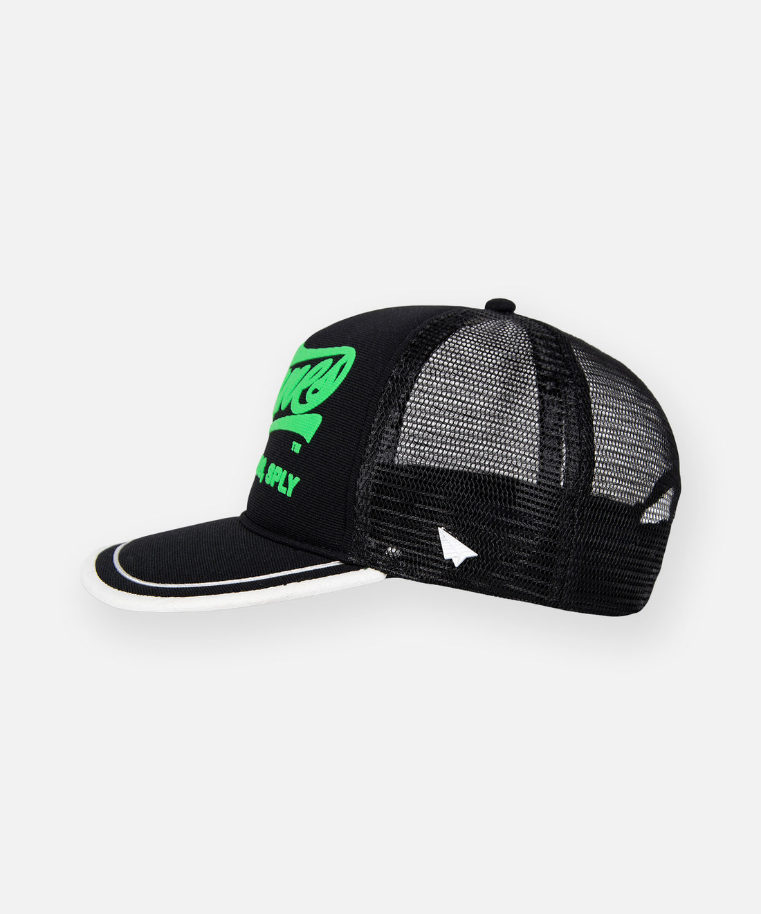 CUSTOM_ALT_TEXT: Plane icon metal rivet on left mesh panel of Planes Greatness Trucker Hat color Black.