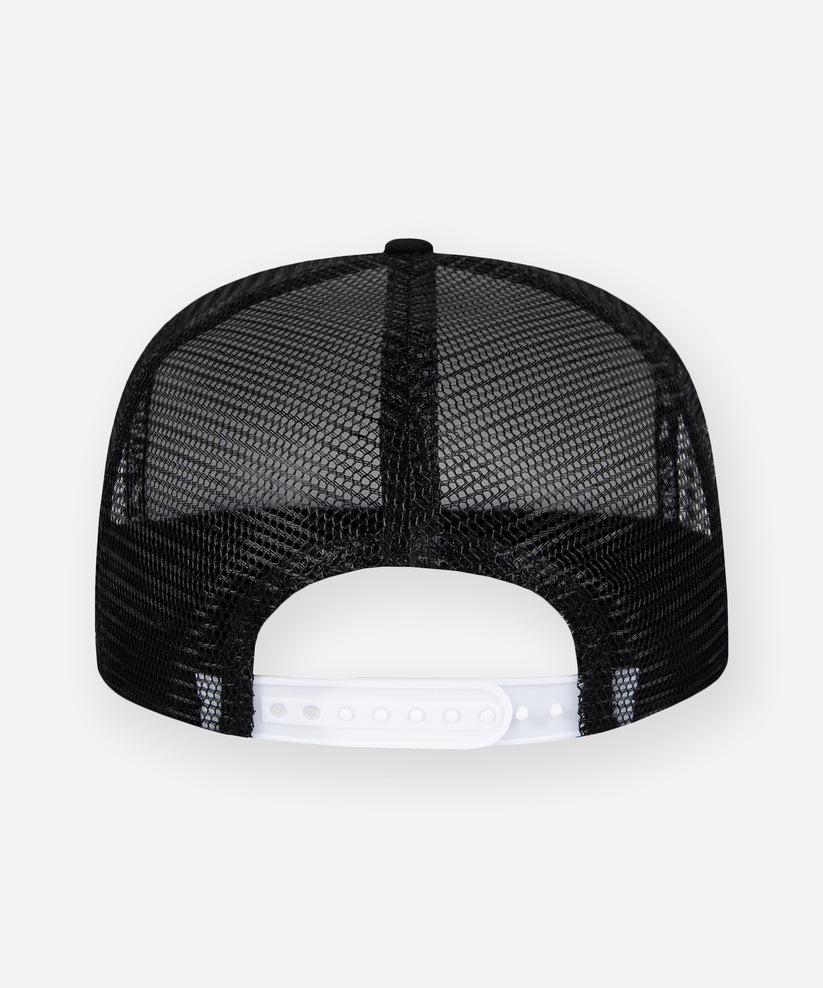 CUSTOM_ALT_TEXT: White snapback on Planes Greatness Trucker Hat color Black.