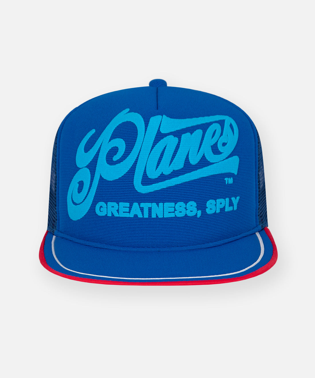 CUSTOM_ALT_TEXT: Planes Greatness Trucker Hat color Nautical Blue.