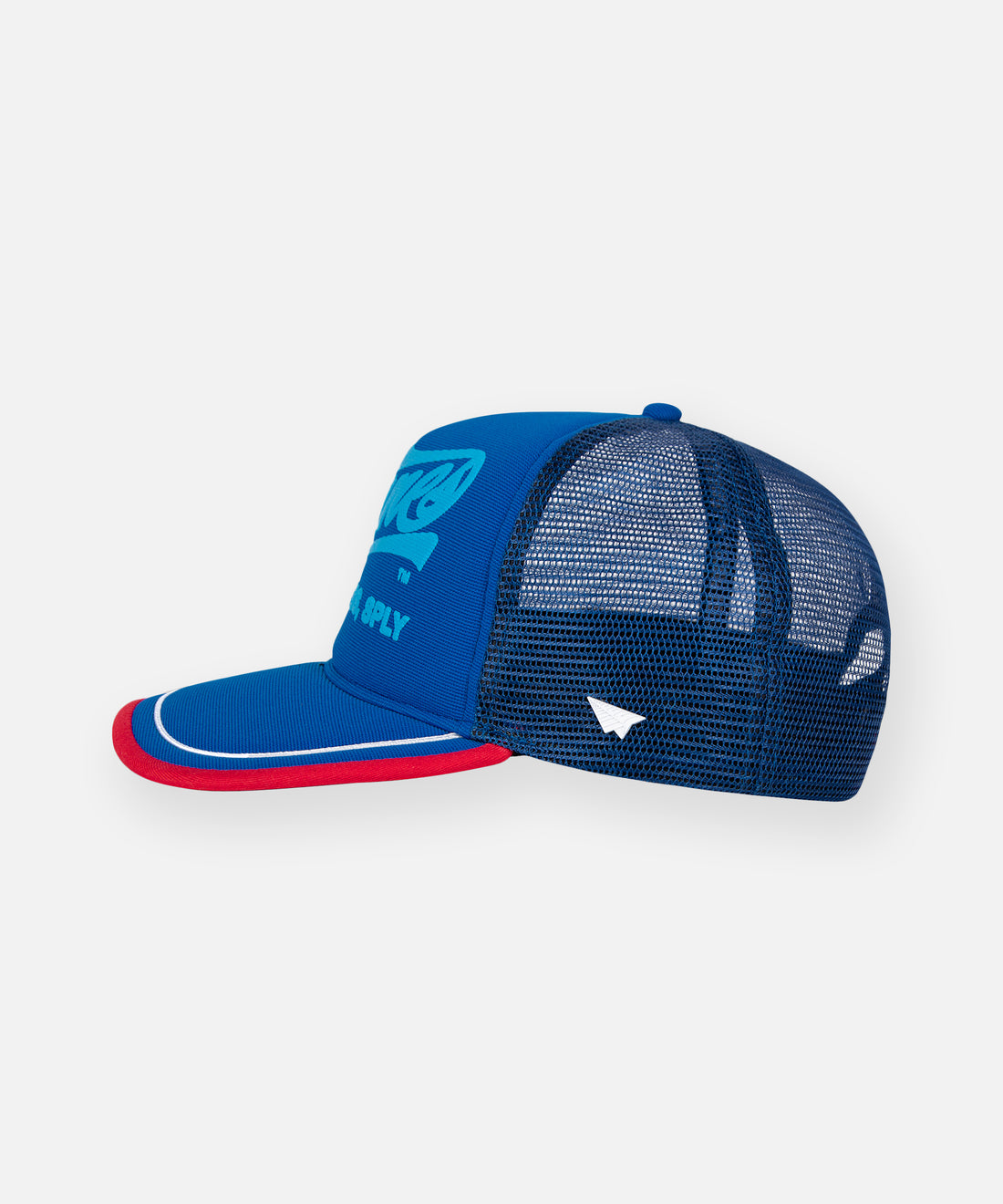 CUSTOM_ALT_TEXT: Plane icon metal rivet on left mesh panel of Planes Greatness Trucker Hat color Nautical Blue.