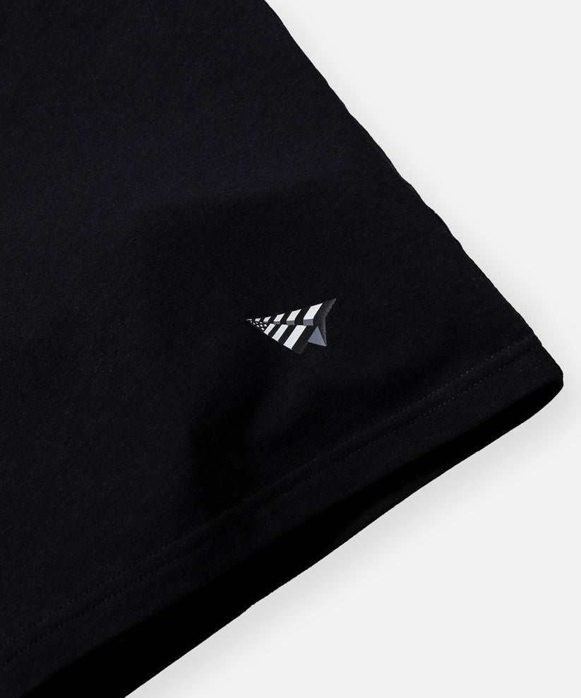 CUSTOM_ALT_TEXT: Heat transfer plane logo above left hem on  Paper Planes Essential 3-Pack Tee, color Black.