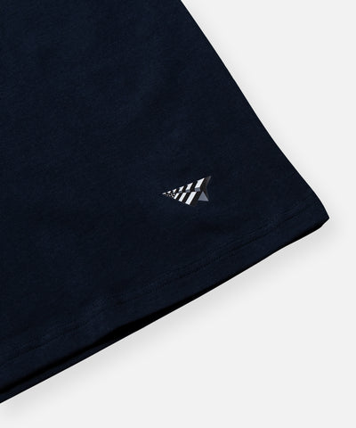 CUSTOM_ALT_TEXT: Heat transfer plane logo above left hem on Paper Planes Essential 3-Pack Tee, color Midnight.