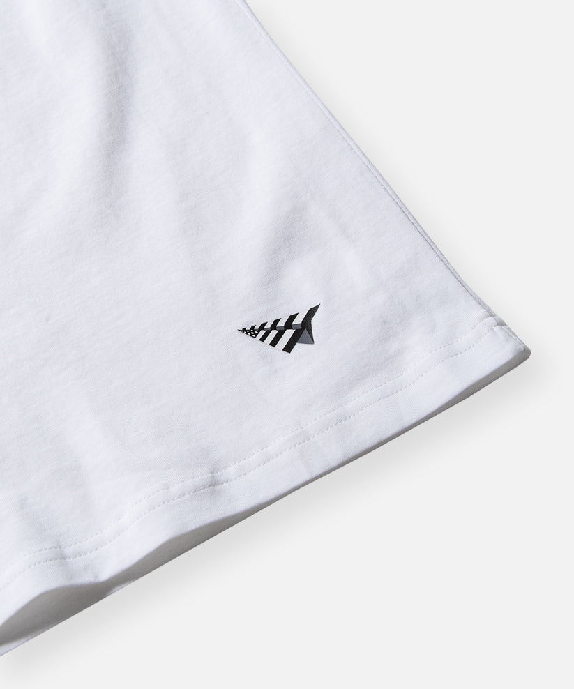 CUSTOM_ALT_TEXT: Heat transfer plane logo above left hem on Paper Planes Essential 3-Pack Tee, color White.