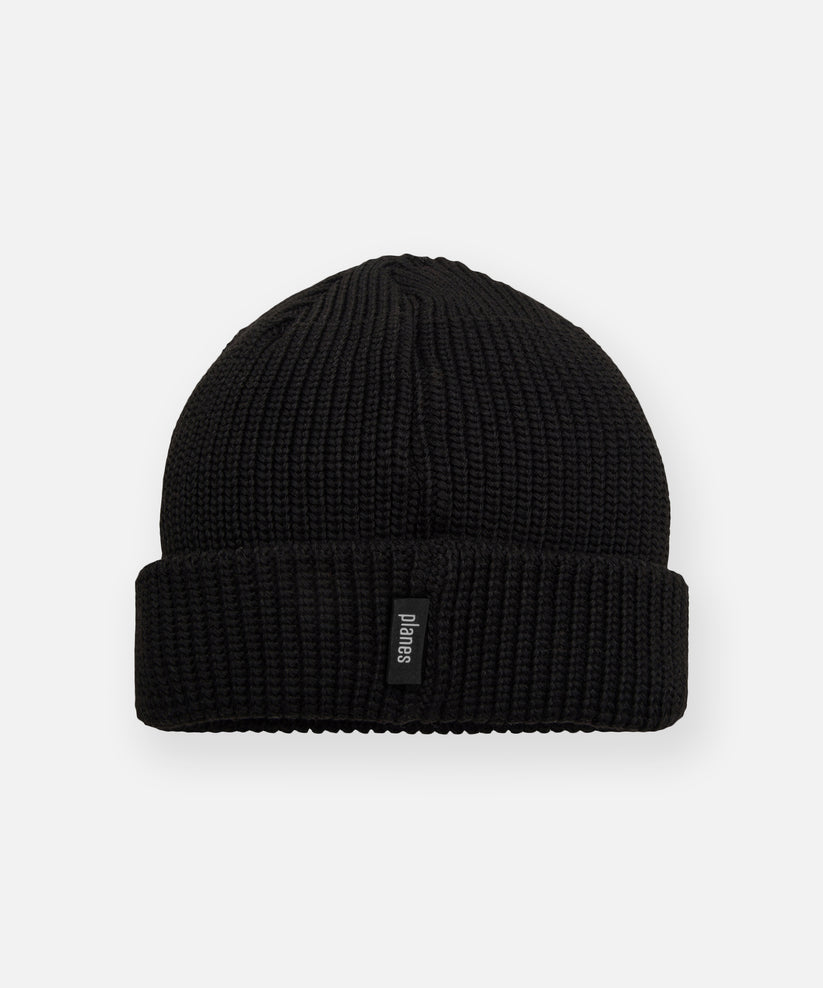 CUSTOM_ALT_TEXT: Back of Paper Planes Wharfman Beanie, color Black.